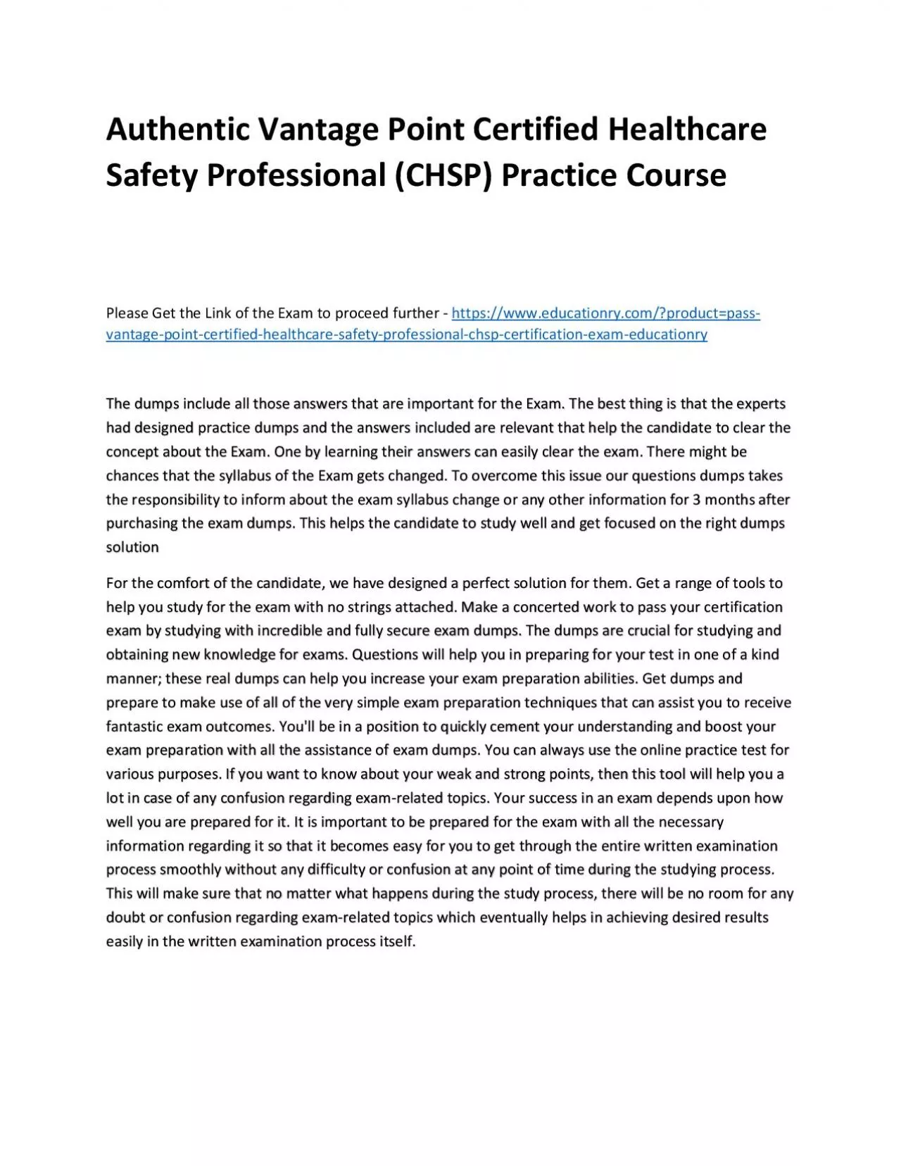 PDF-Authentic Vantage Point Certified Healthcare Safety Professional (CHSP) Practice Course