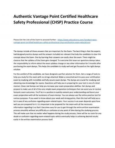 Authentic Vantage Point Certified Healthcare Safety Professional (CHSP) Practice Course