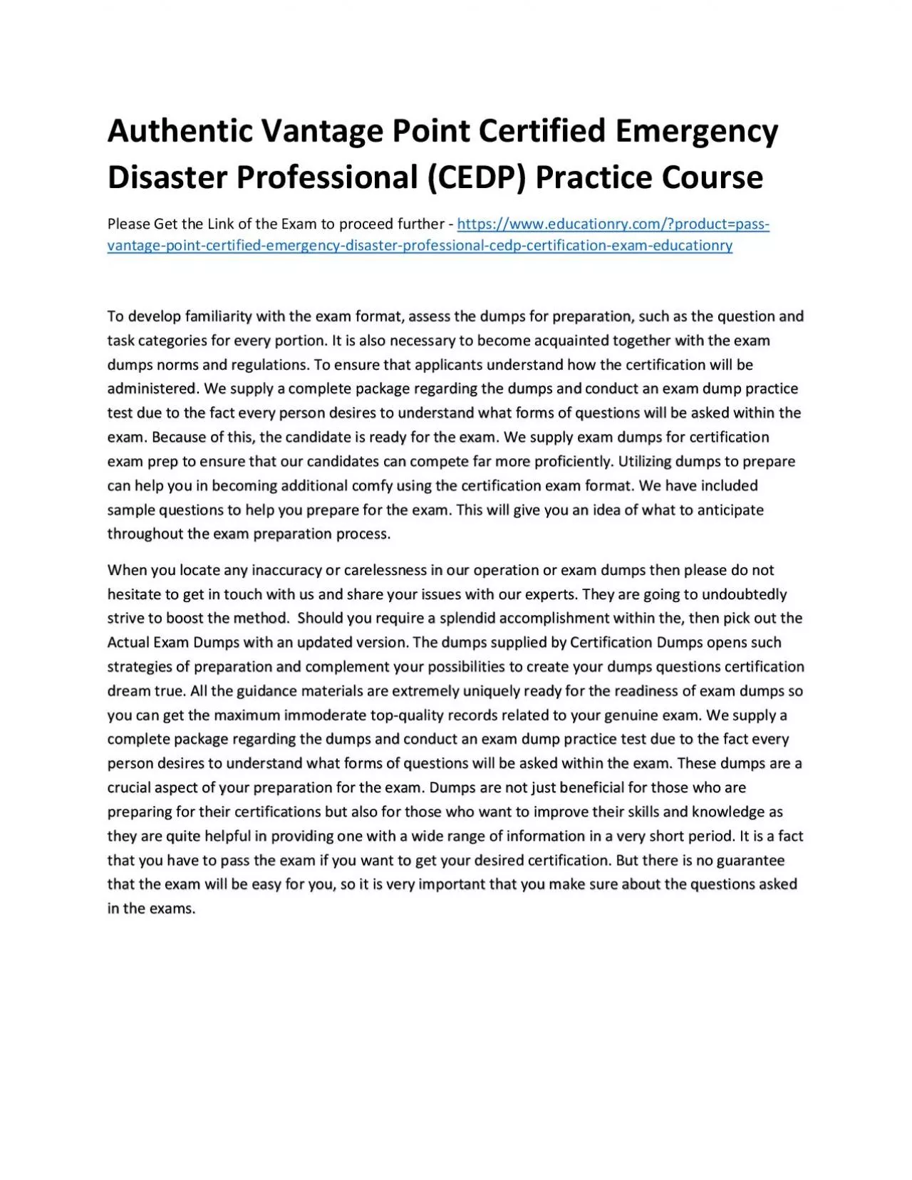 PDF-Authentic Vantage Point Certified Emergency Disaster Professional (CEDP) Practice Course