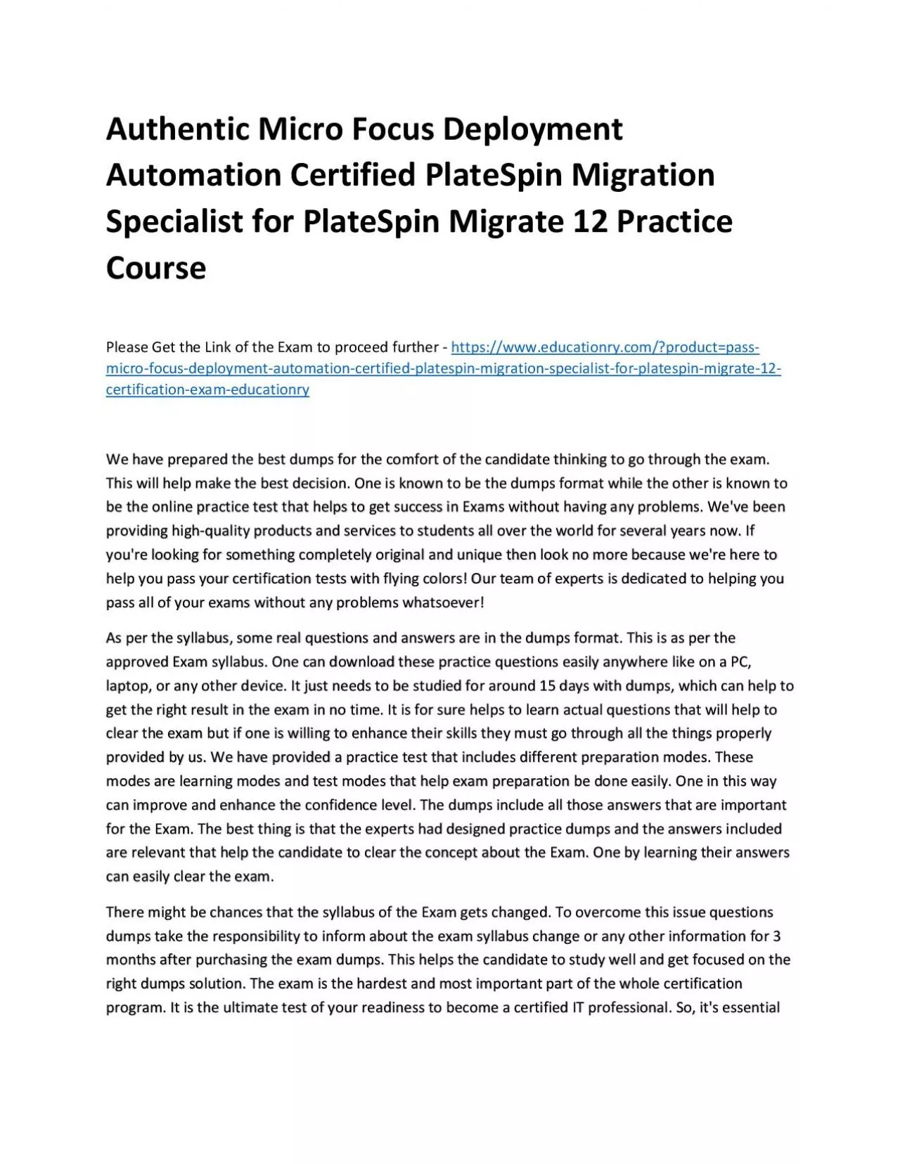 PDF-Authentic Micro Focus Deployment Automation Certified PlateSpin Migration Specialist for