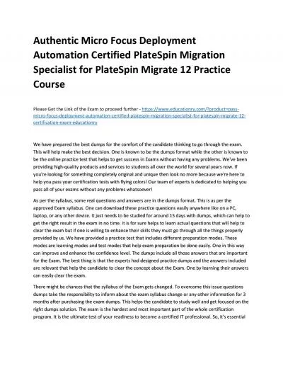 Authentic Micro Focus Deployment Automation Certified PlateSpin Migration Specialist for PlateSpin Migrate 12 Practice Course