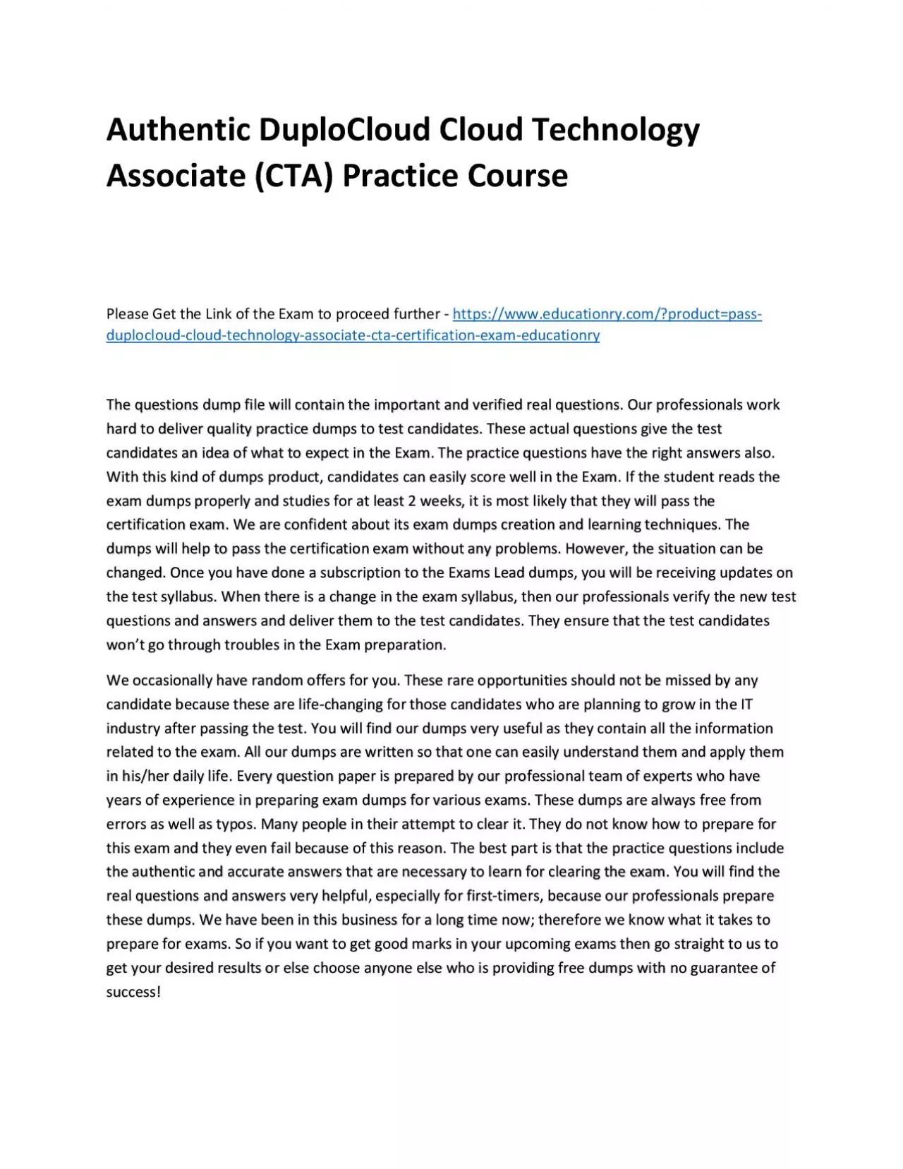 PDF-Authentic DuploCloud Cloud Technology Associate (CTA) Practice Course