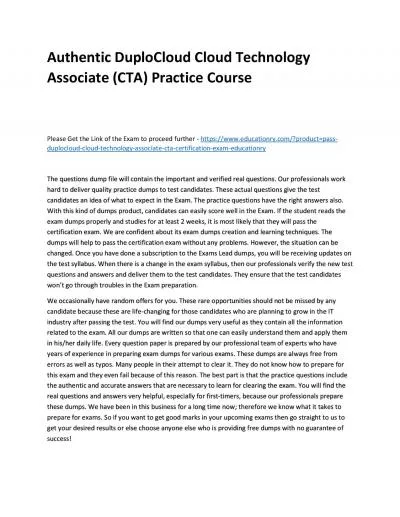 Authentic DuploCloud Cloud Technology Associate (CTA) Practice Course