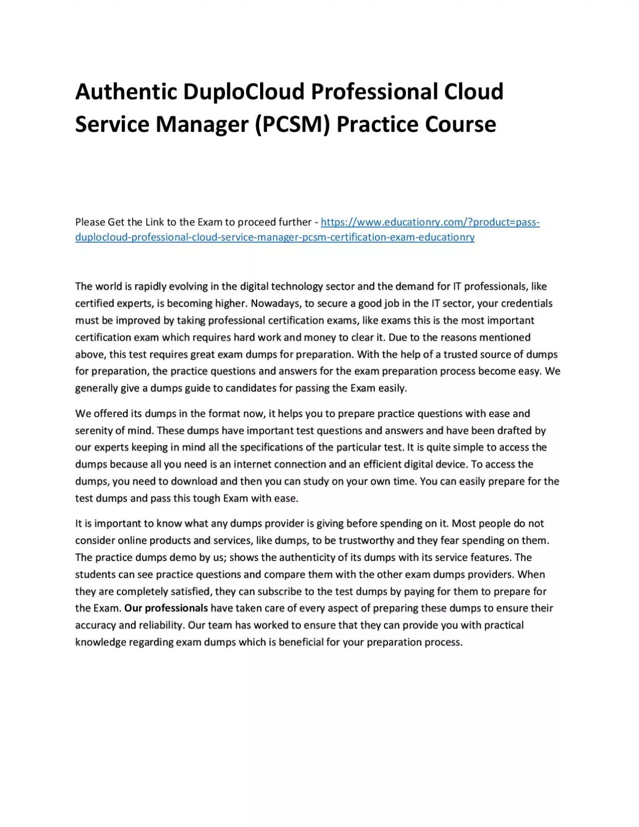 PDF-Authentic DuploCloud Professional Cloud Service Manager (PCSM) Practice Course