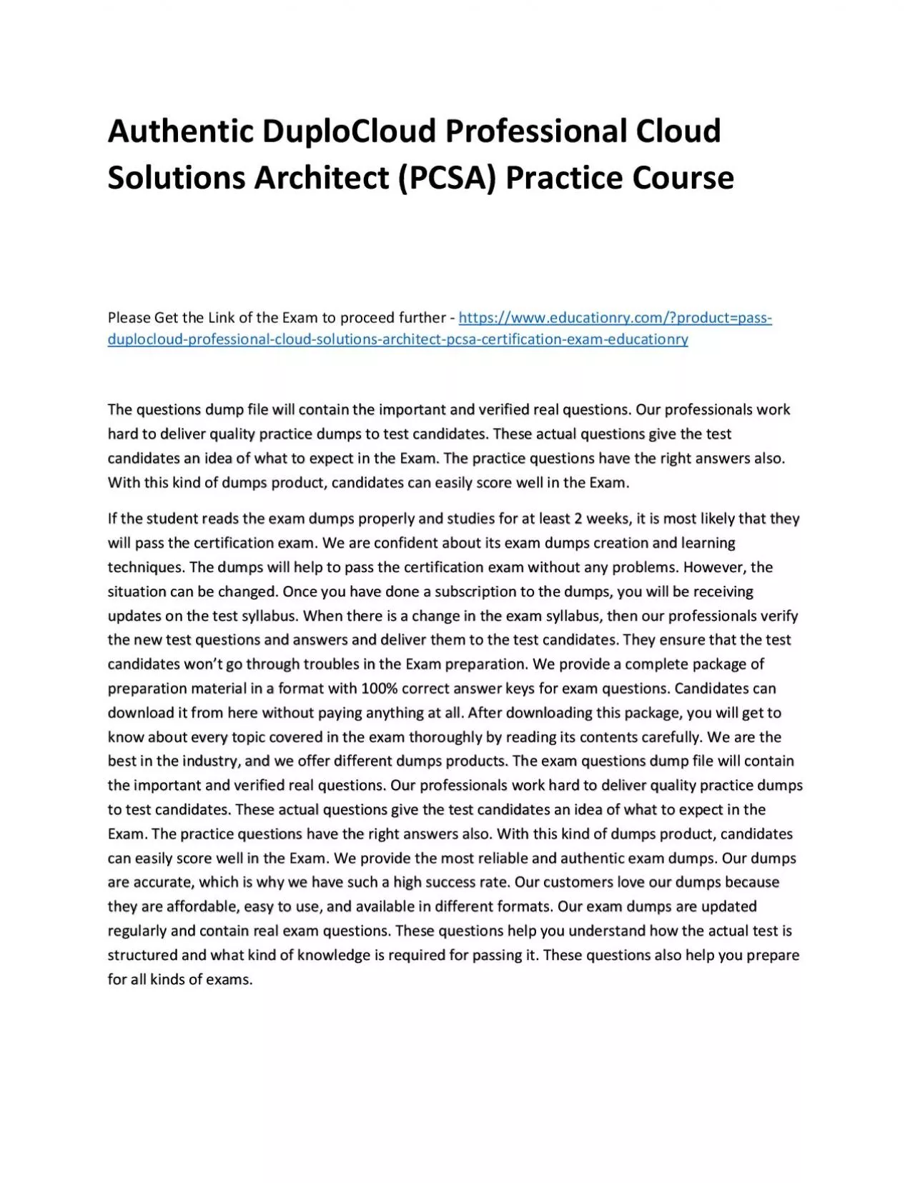 PDF-Authentic DuploCloud Professional Cloud Solutions Architect (PCSA) Practice Course