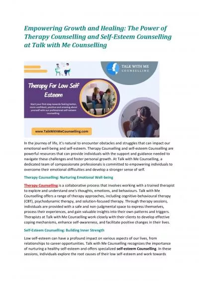 Empowering Growth and Healing: The Power of Therapy Counselling and Self-Esteem Counselling at Talk with Me Counselling