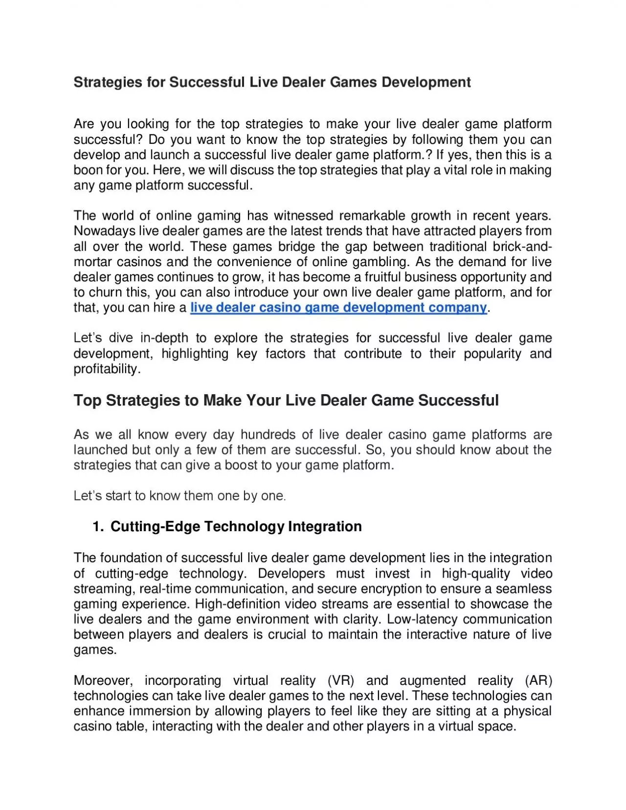 Strategies for Successful Live Dealer Games Development