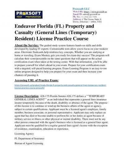 Endeavor Florida (FL) Property and Casualty (General Lines (Temporary) Resident) License