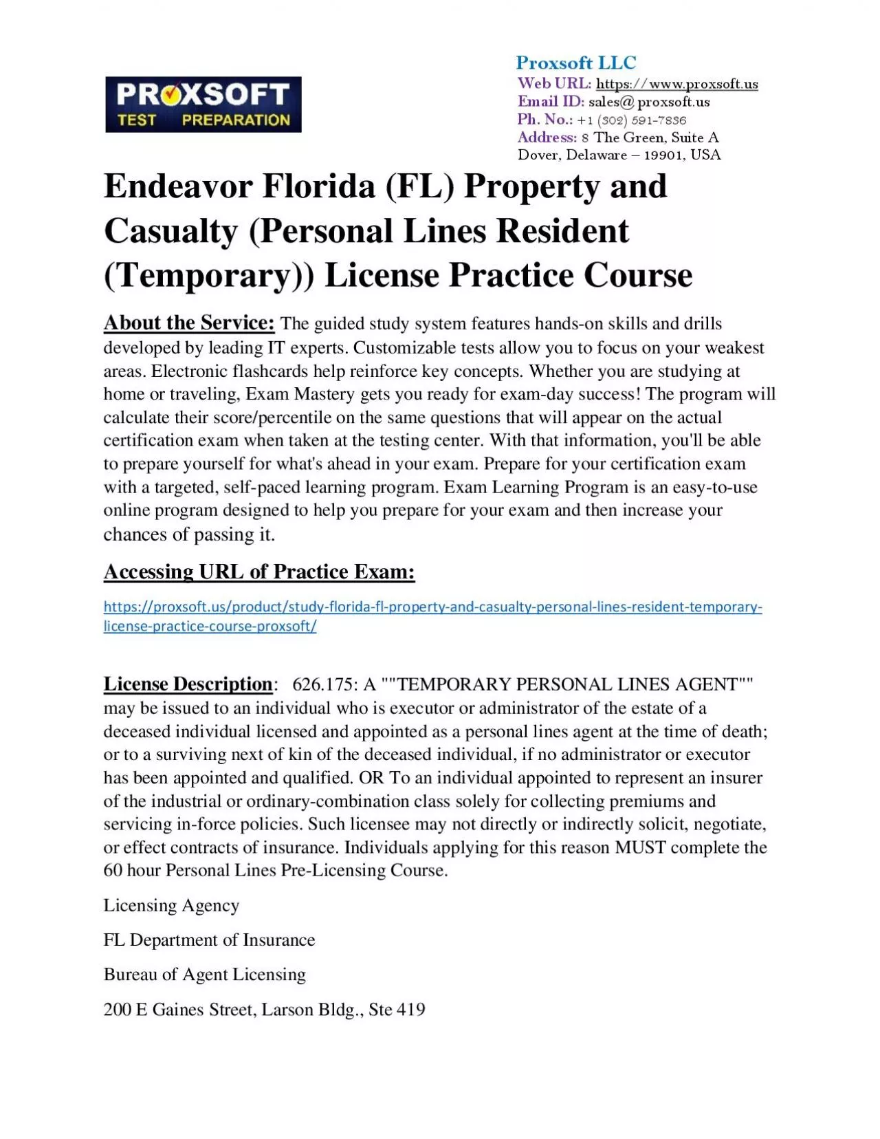 Endeavor Florida (FL) Property and Casualty (Personal Lines Resident (Temporary)) License