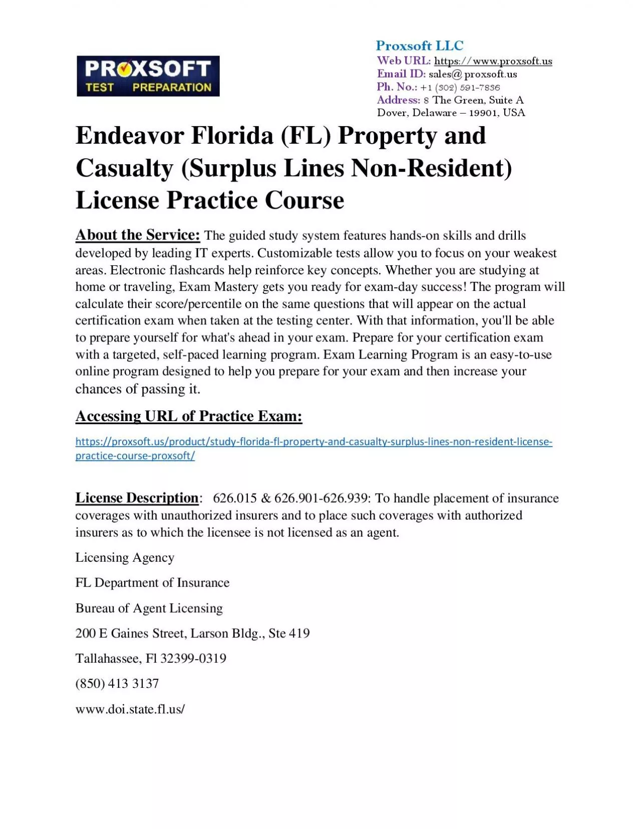 Endeavor Florida (FL) Property and Casualty (Surplus Lines Non-Resident) License Practice