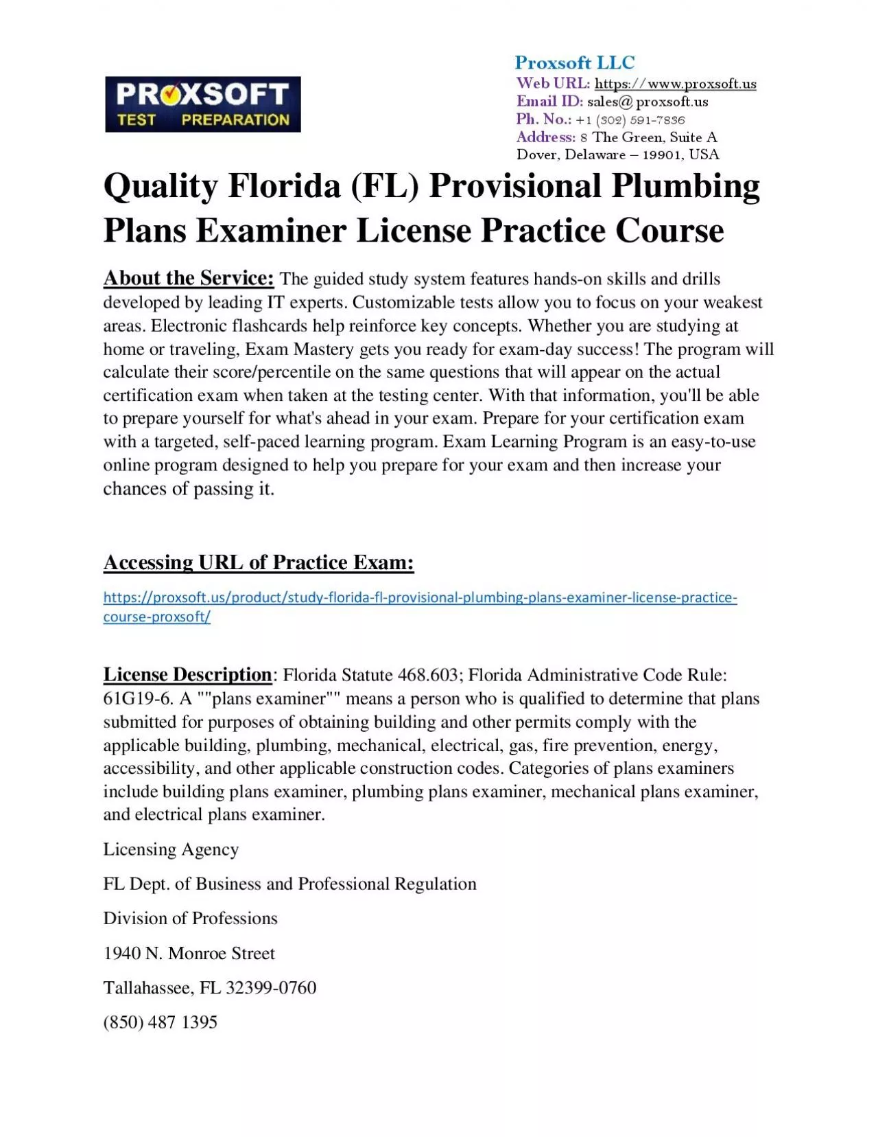 PDF-Quality Florida (FL) Provisional Plumbing Plans Examiner License Practice Course