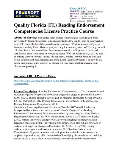 Quality Florida (FL) Reading Endorsement Competencies License Practice Course