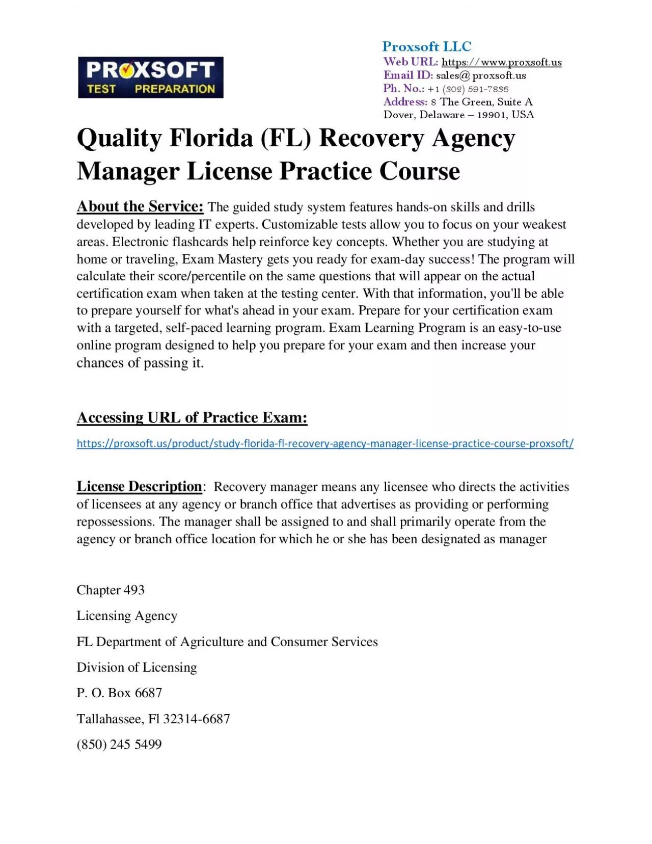 PDF-Quality Florida (FL) Recovery Agency Manager License Practice Course