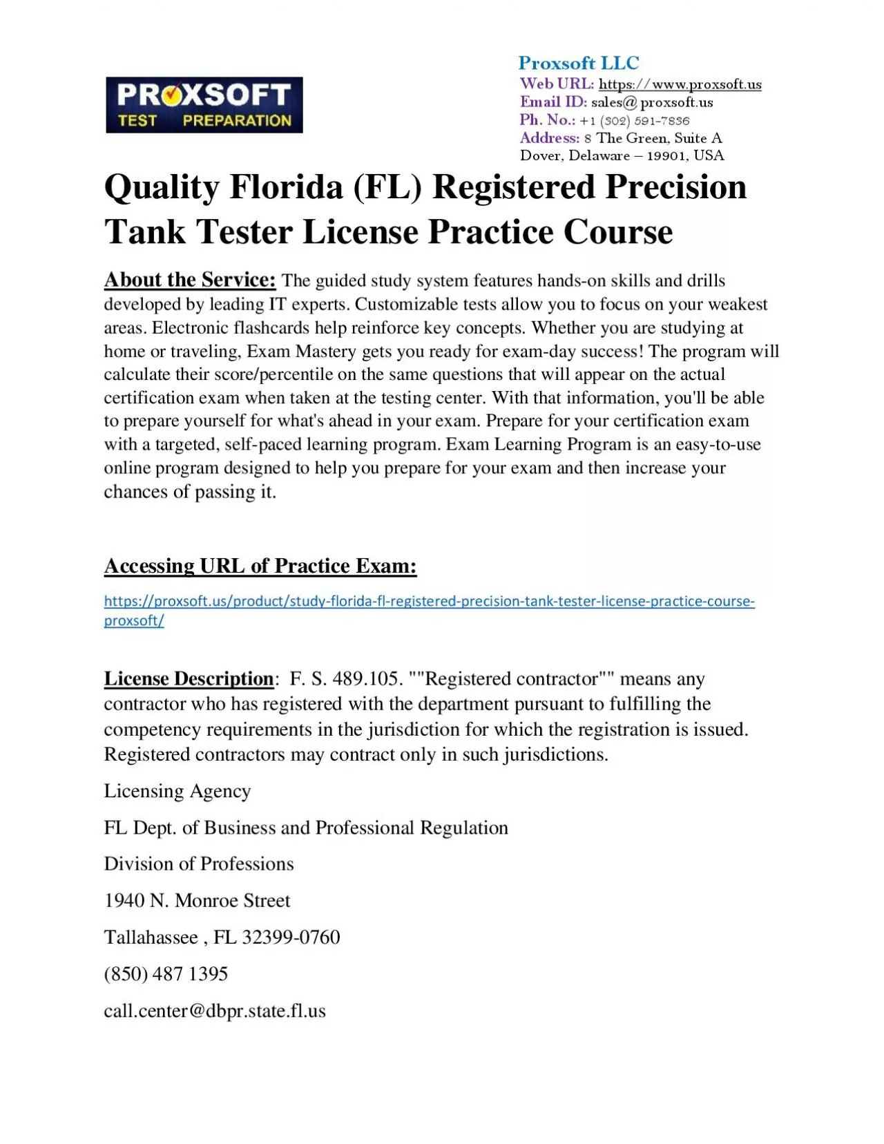 PDF-Quality Florida (FL) Registered Precision Tank Tester License Practice Course