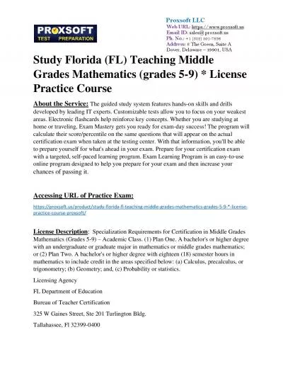 Study Florida (FL) Teaching Middle Grades Mathematics (grades 5-9) * License Practice Course