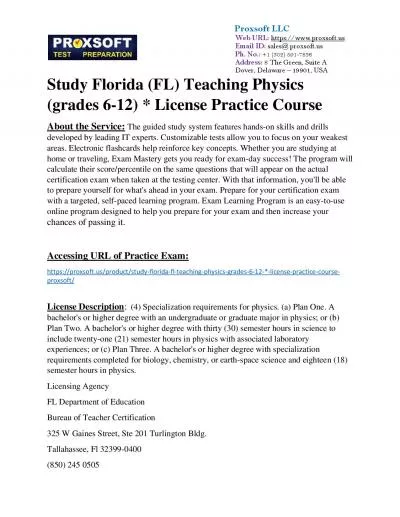 Study Florida (FL) Teaching Physics (grades 6-12) * License Practice Course