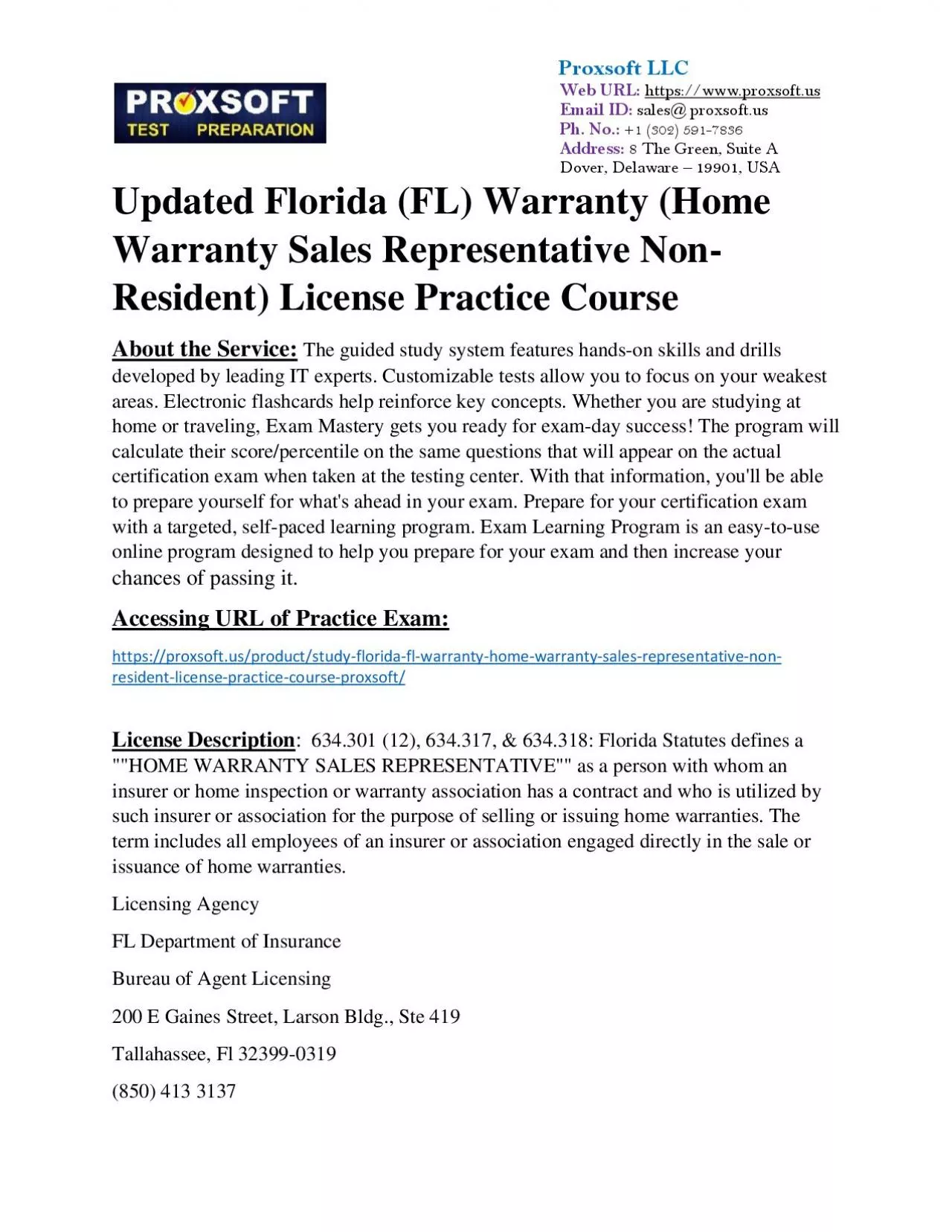 Updated Florida (FL) Warranty (Home Warranty Sales Representative Non-Resident) License