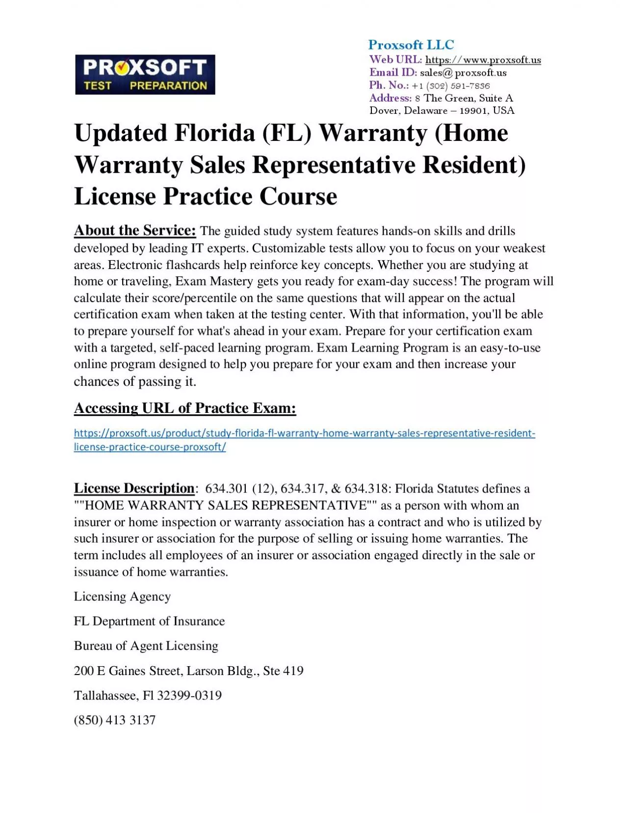 Updated Florida (FL) Warranty (Home Warranty Sales Representative Resident) License Practice
