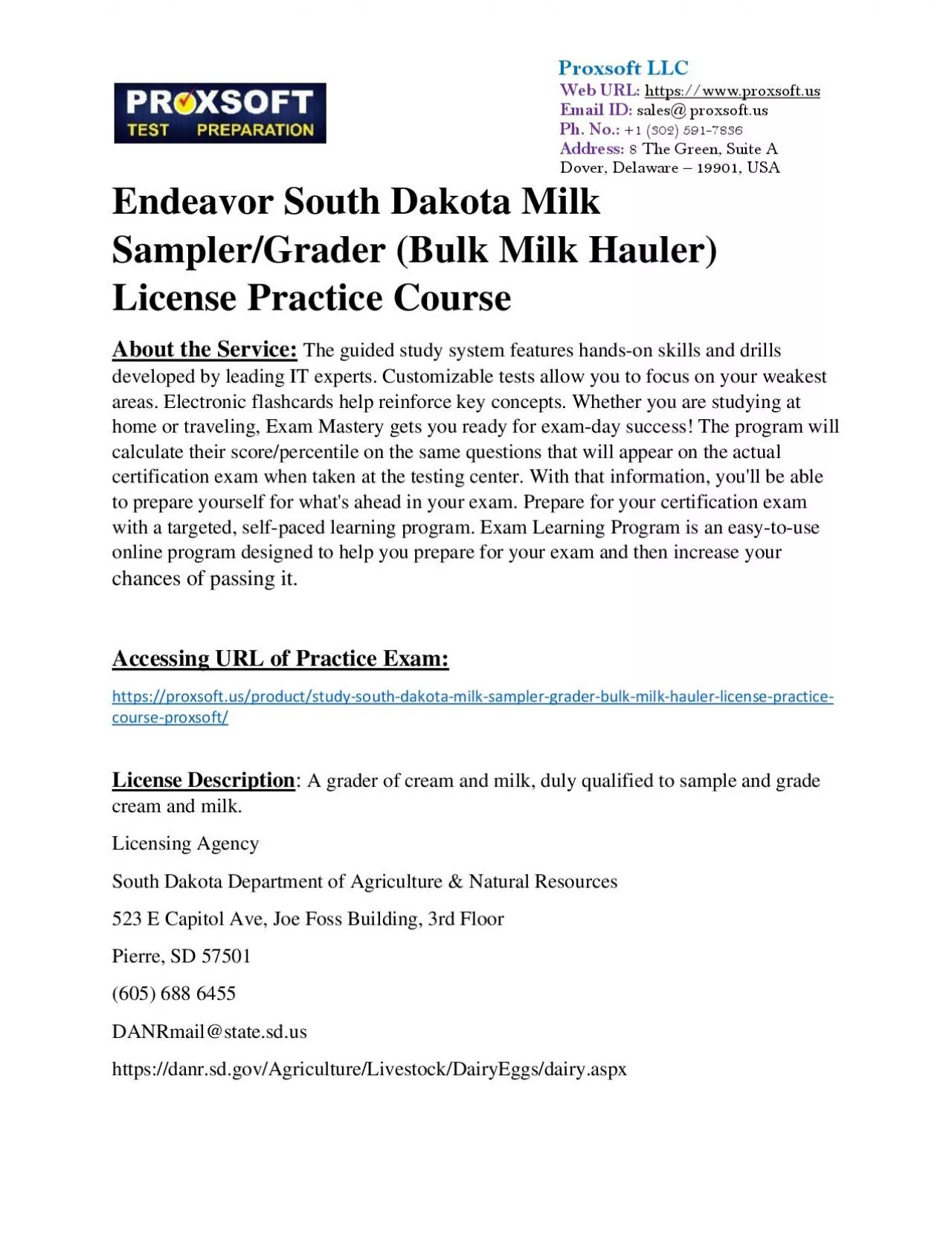 PDF-Endeavor South Dakota Milk Sampler/Grader (Bulk Milk Hauler) License Practice Course