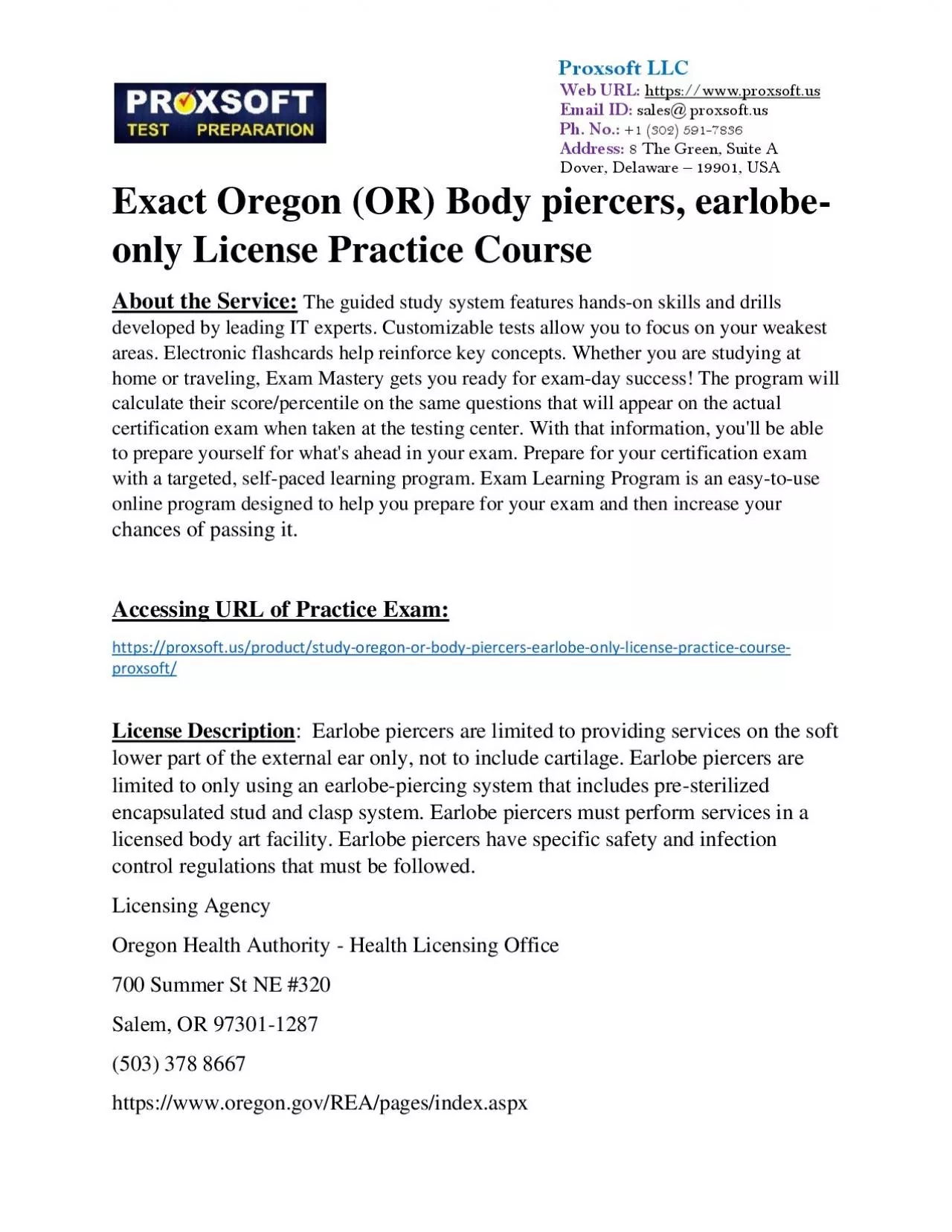 PDF-Exact Oregon (OR) Body piercers, earlobe-only License Practice Course