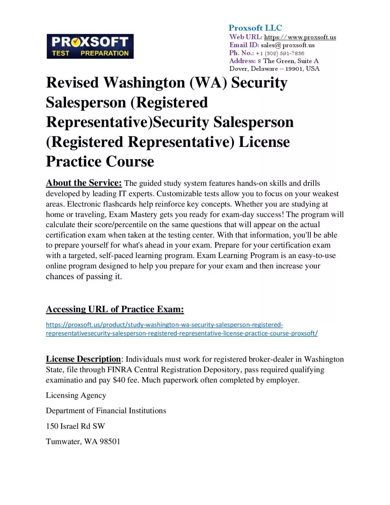 Revised Washington (WA) Security Salesperson (Registered Representative)Security Salesperson