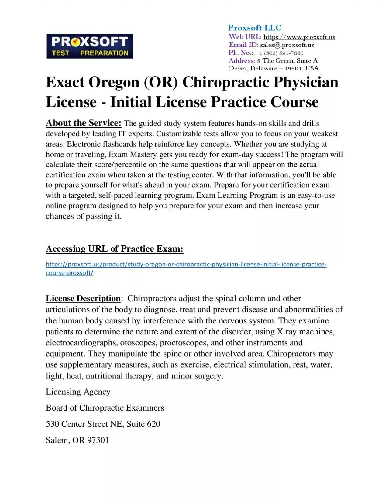 Exact Oregon (OR) Chiropractic Physician License - Initial License Practice Course