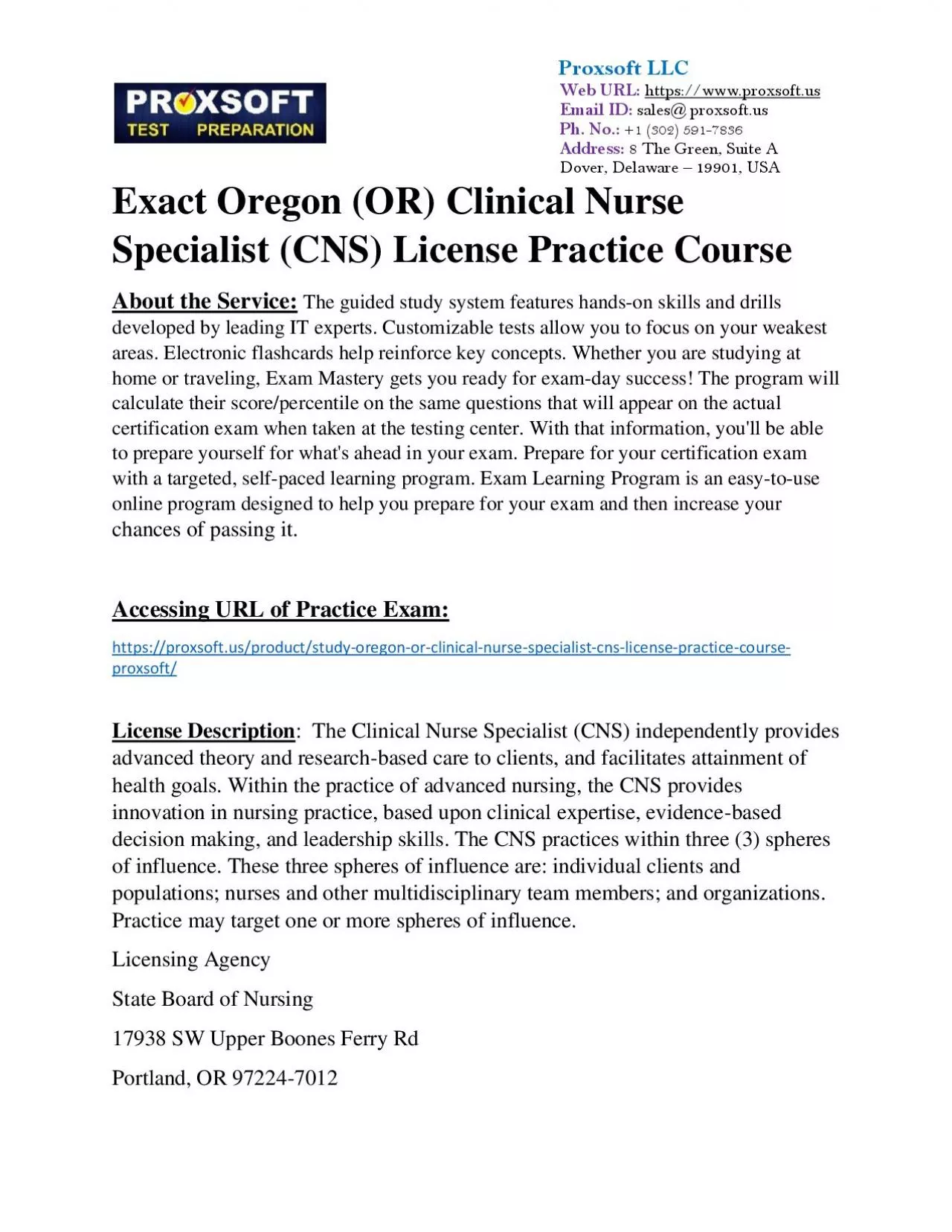 PDF-Exact Oregon (OR) Clinical Nurse Specialist (CNS) License Practice Course