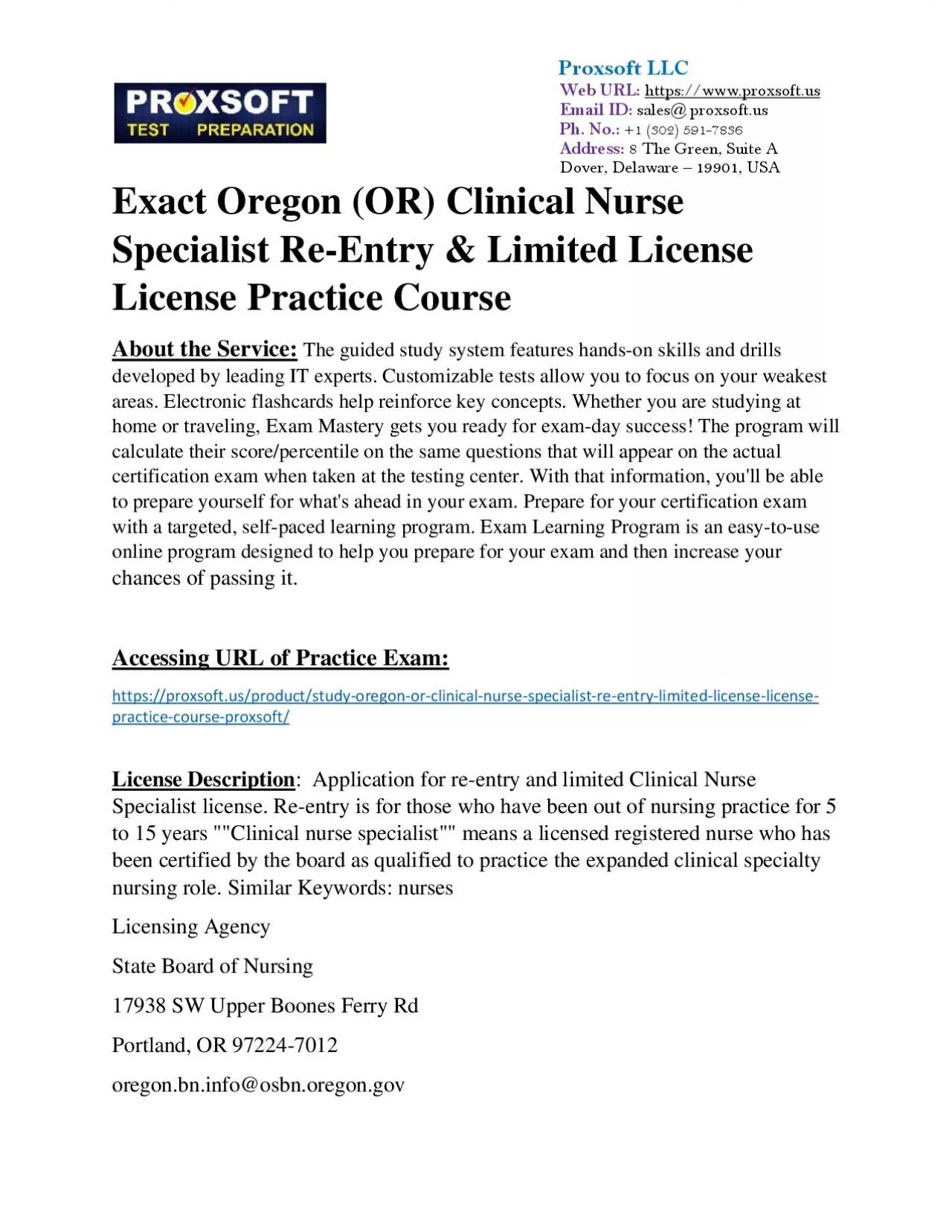 PDF-Exact Oregon (OR) Clinical Nurse Specialist Re-Entry & Limited License License Practice