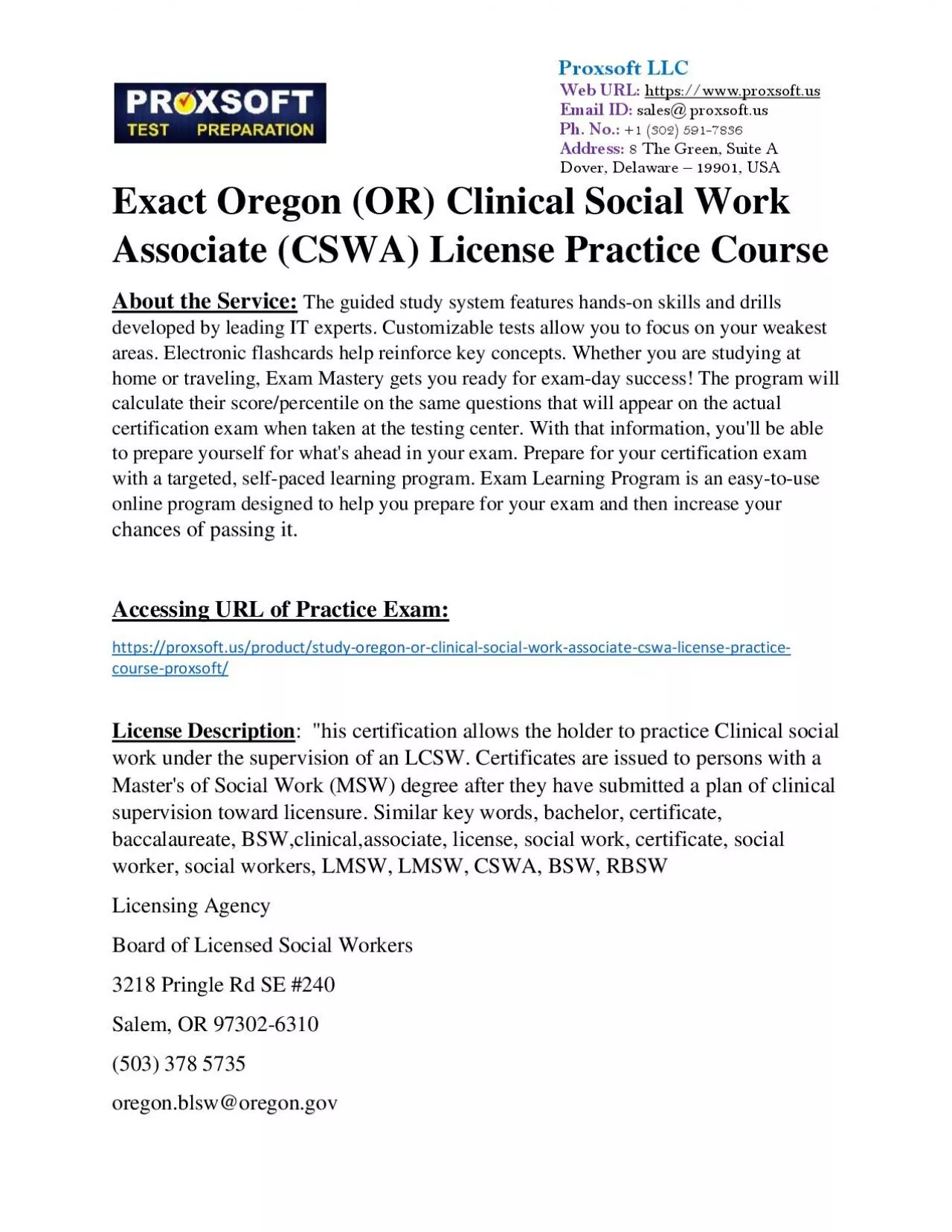 PDF-Exact Oregon (OR) Clinical Social Work Associate (CSWA) License Practice Course