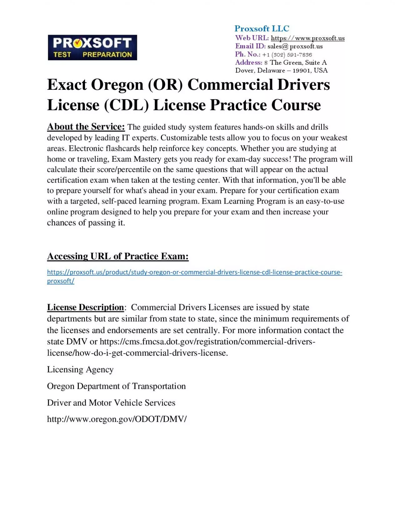 Exact Oregon (OR) Commercial Drivers License (CDL) License Practice Course