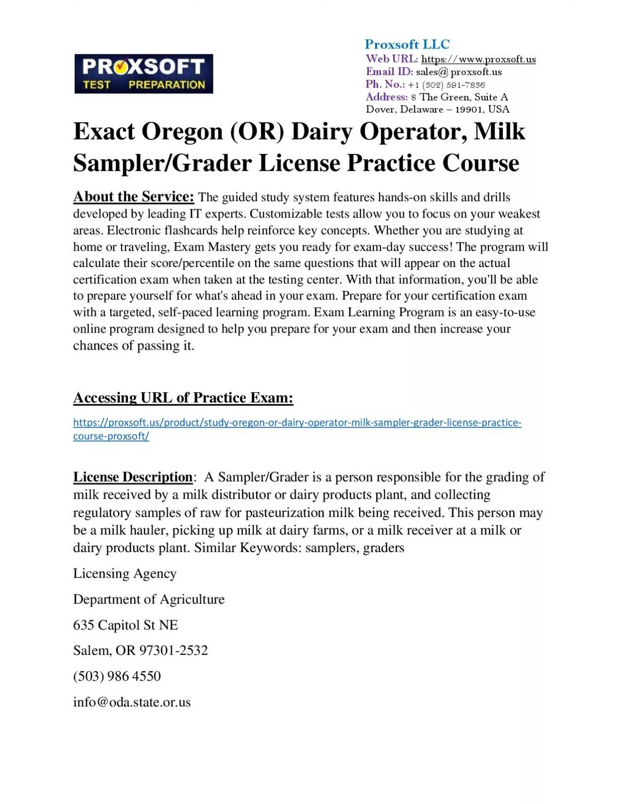 PDF-Exact Oregon (OR) Dairy Operator, Milk Sampler/Grader License Practice Course