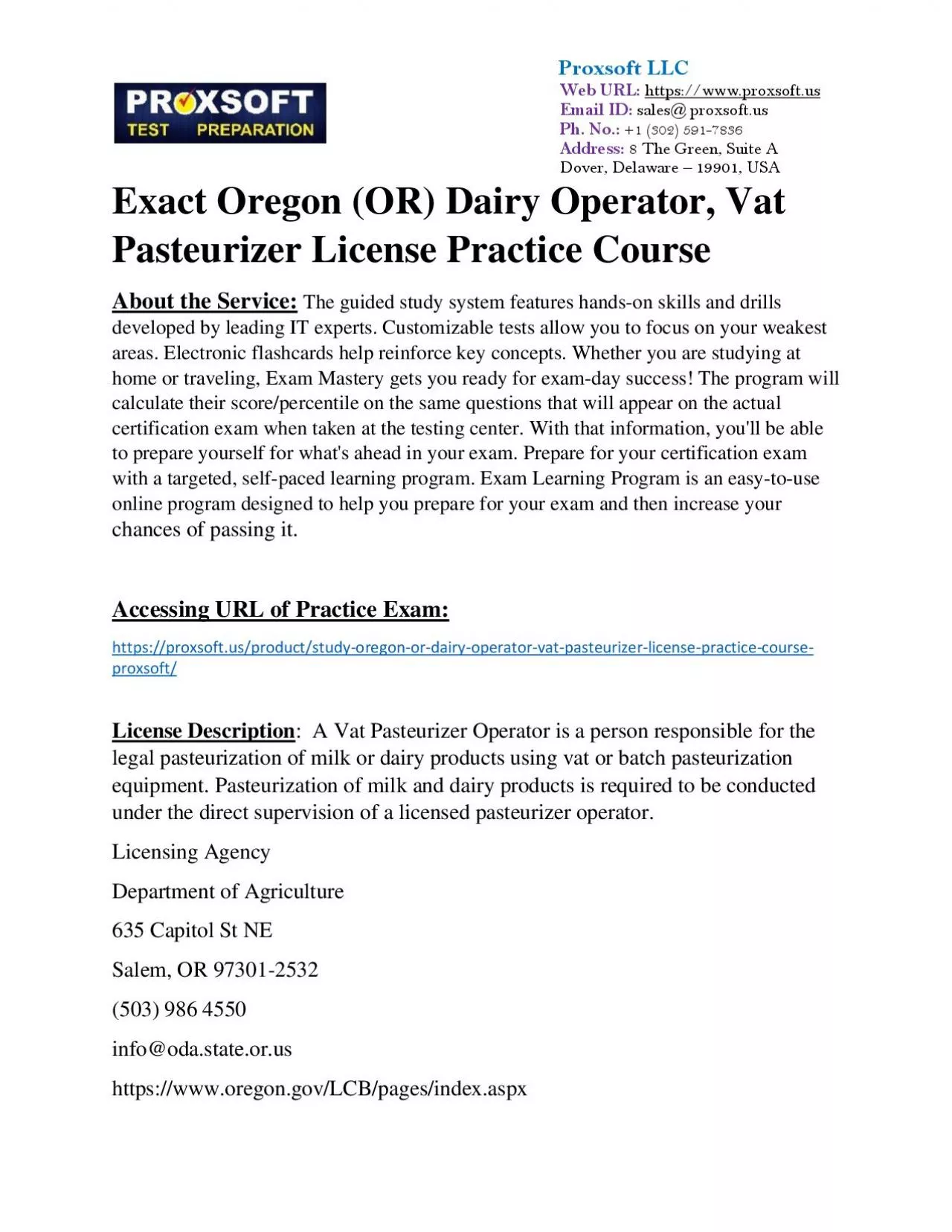 PDF-Exact Oregon (OR) Dairy Operator, Vat Pasteurizer License Practice Course