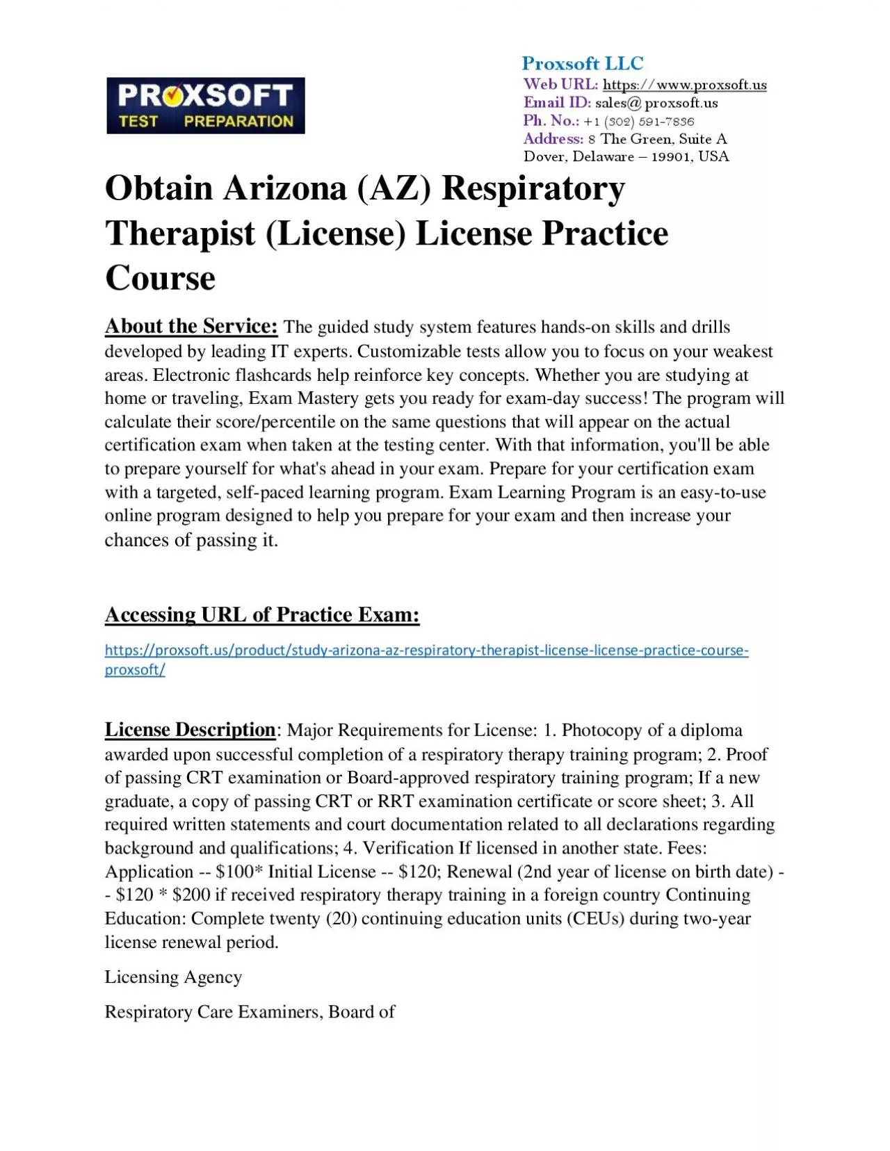 Obtain Arizona (AZ) Respiratory Therapist (License) License Practice Course