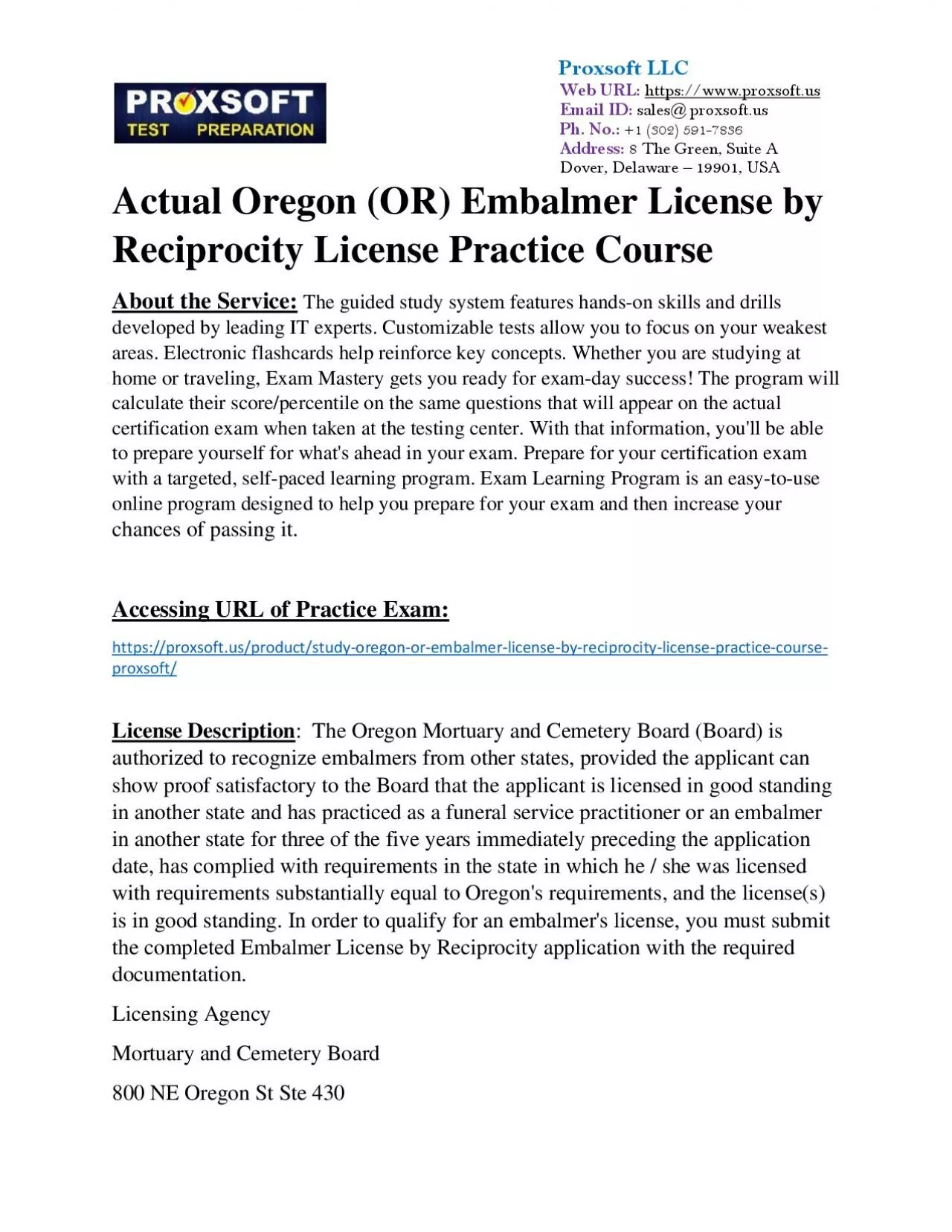 Actual Oregon (OR) Embalmer License by Reciprocity License Practice Course