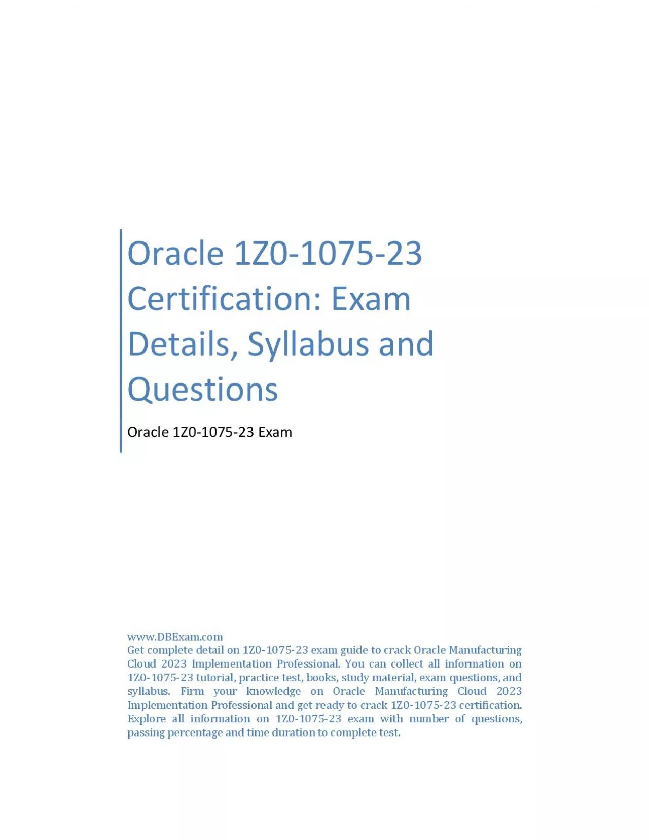 PDF-Oracle 1Z0-1075-23 Certification: Exam Details, Syllabus and Questions