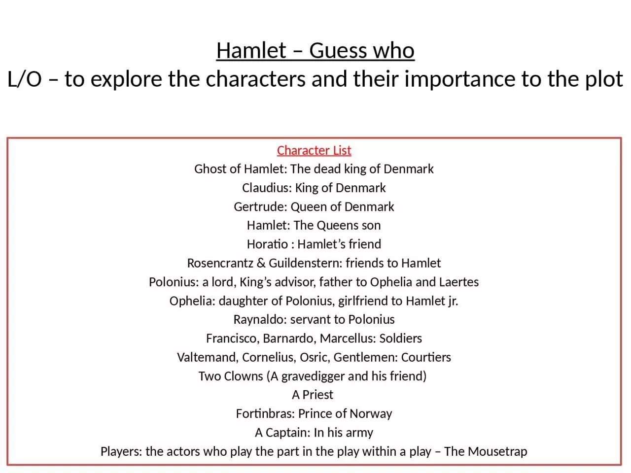 PPT-Hamlet – Guess who L/O – to explore the characters and their importance to the plot