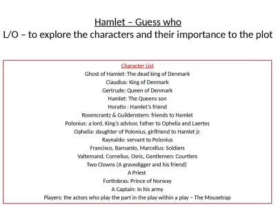 Hamlet – Guess who L/O – to explore the characters and their importance to the plot