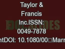 Taylor & Francis Inc.ISSN: 0049-7878 printDOI: 10.1080/00“Marriag