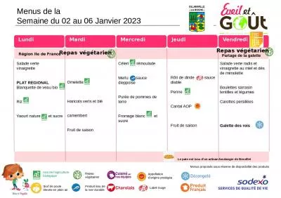 Menus de la Semaine du 02 au 06 Janvier 2023