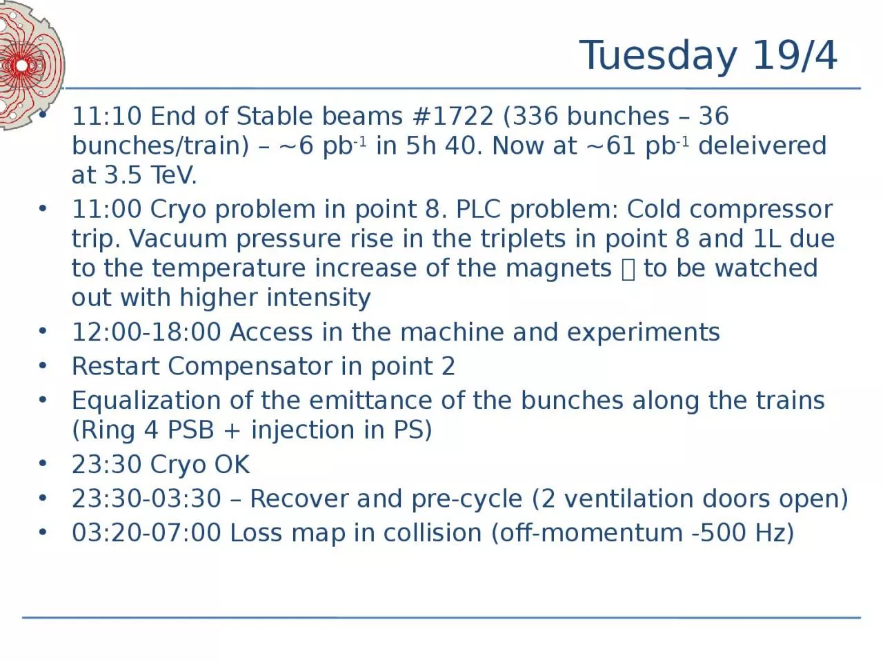 PPT-Tuesday 19/4 11:10 End of Stable beams #1722 (336 bunches – 36 bunches/train) – ~6