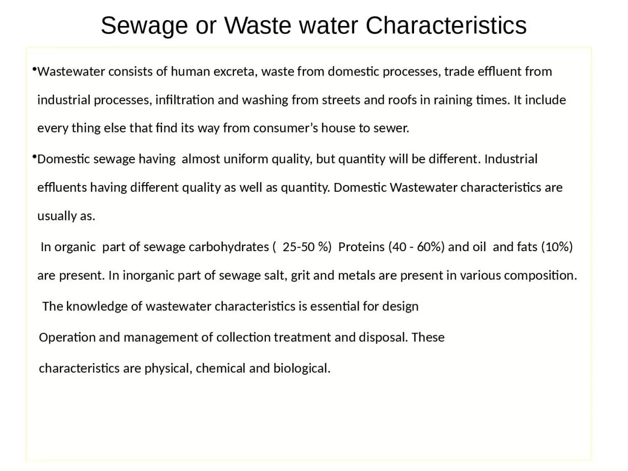 Sewage or Waste water Characteristics