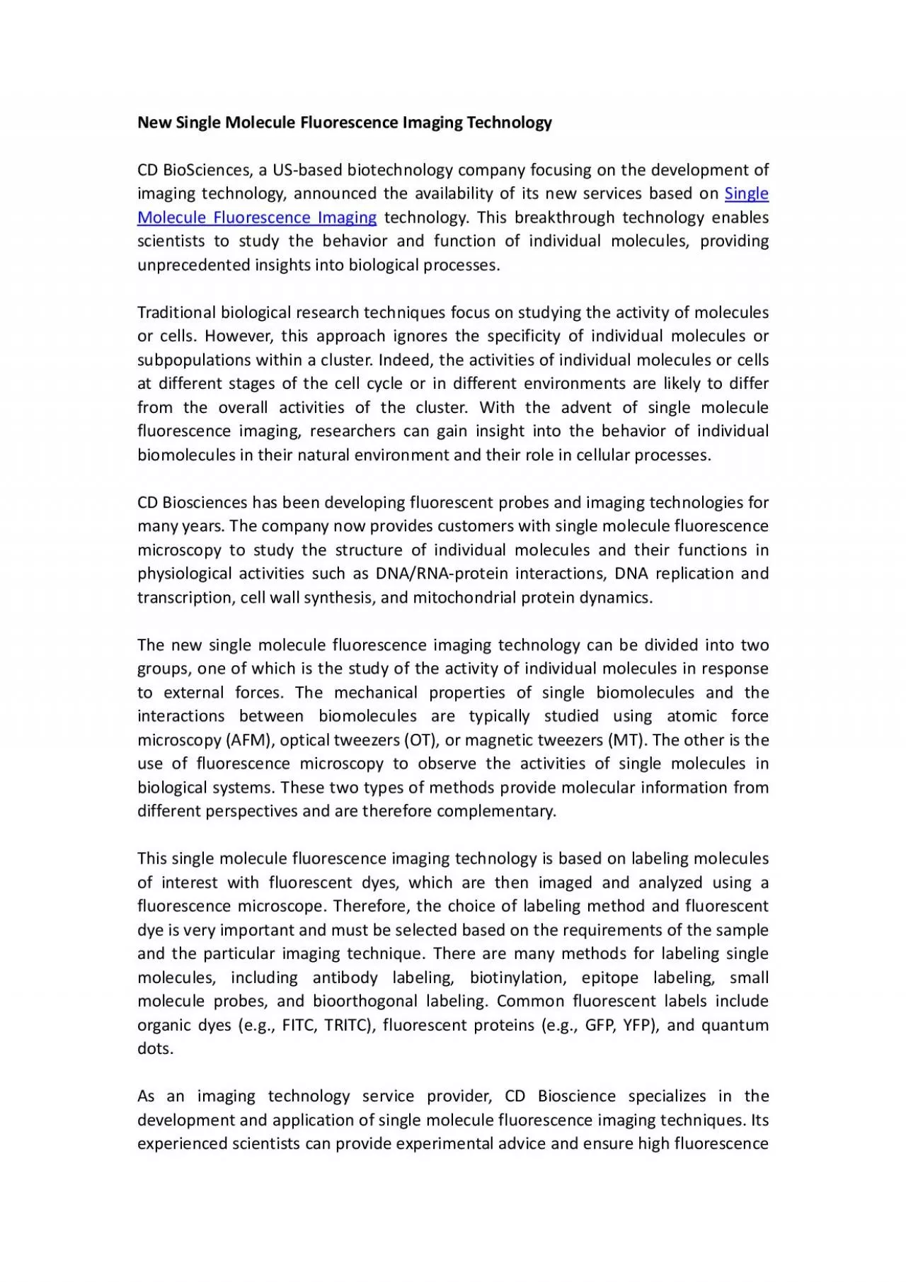 New Single Molecule Fluorescence Imaging Technology