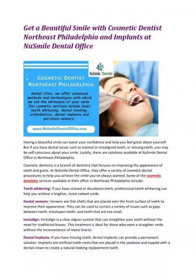 Get a Beautiful Smile with Cosmetic Dentist Northeast Philadelphia and Implants at NuSmile Dental Office