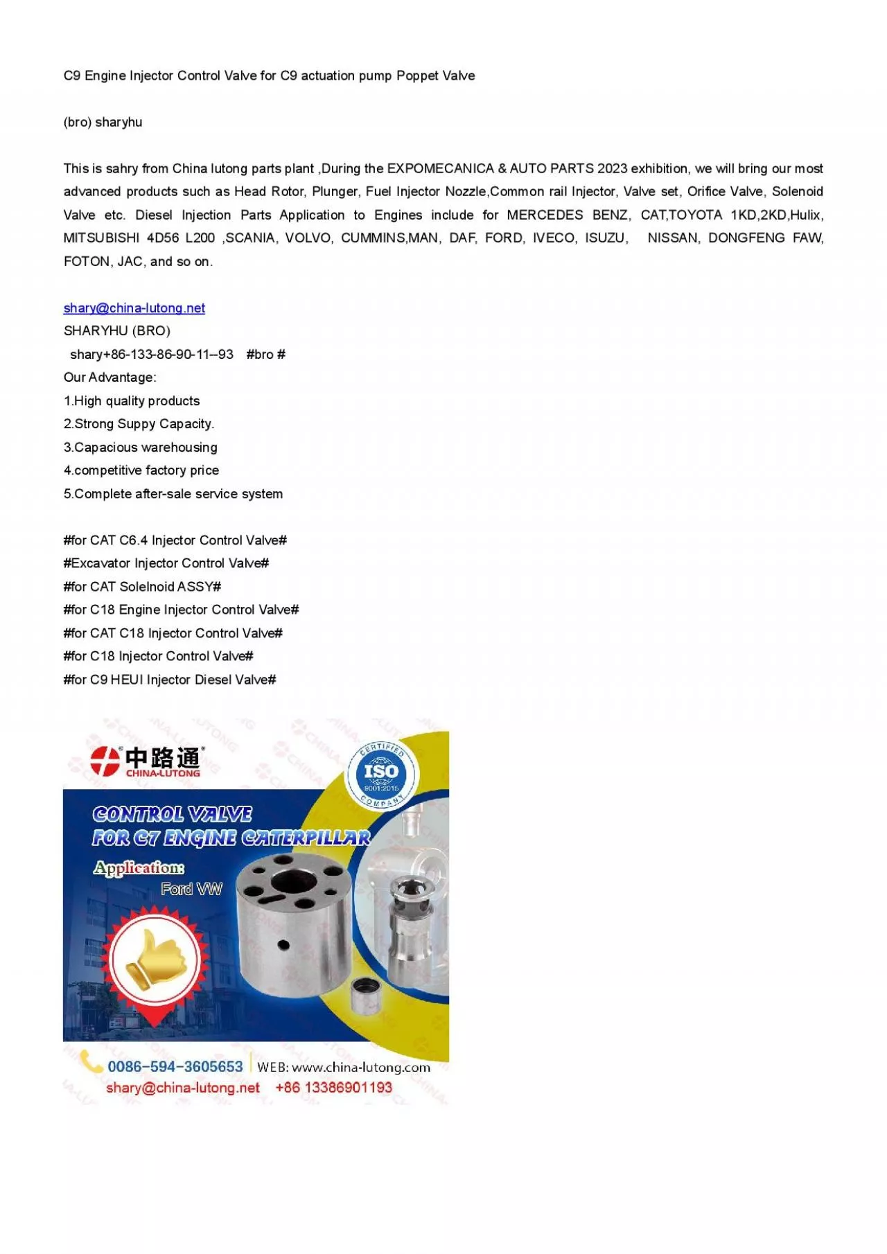 PDF-C9 Engine Injector Control Valve for C9 actuation pump Poppet Valve