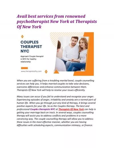 Avail best services from renowned psychotherapist New York at Therapists Of New York