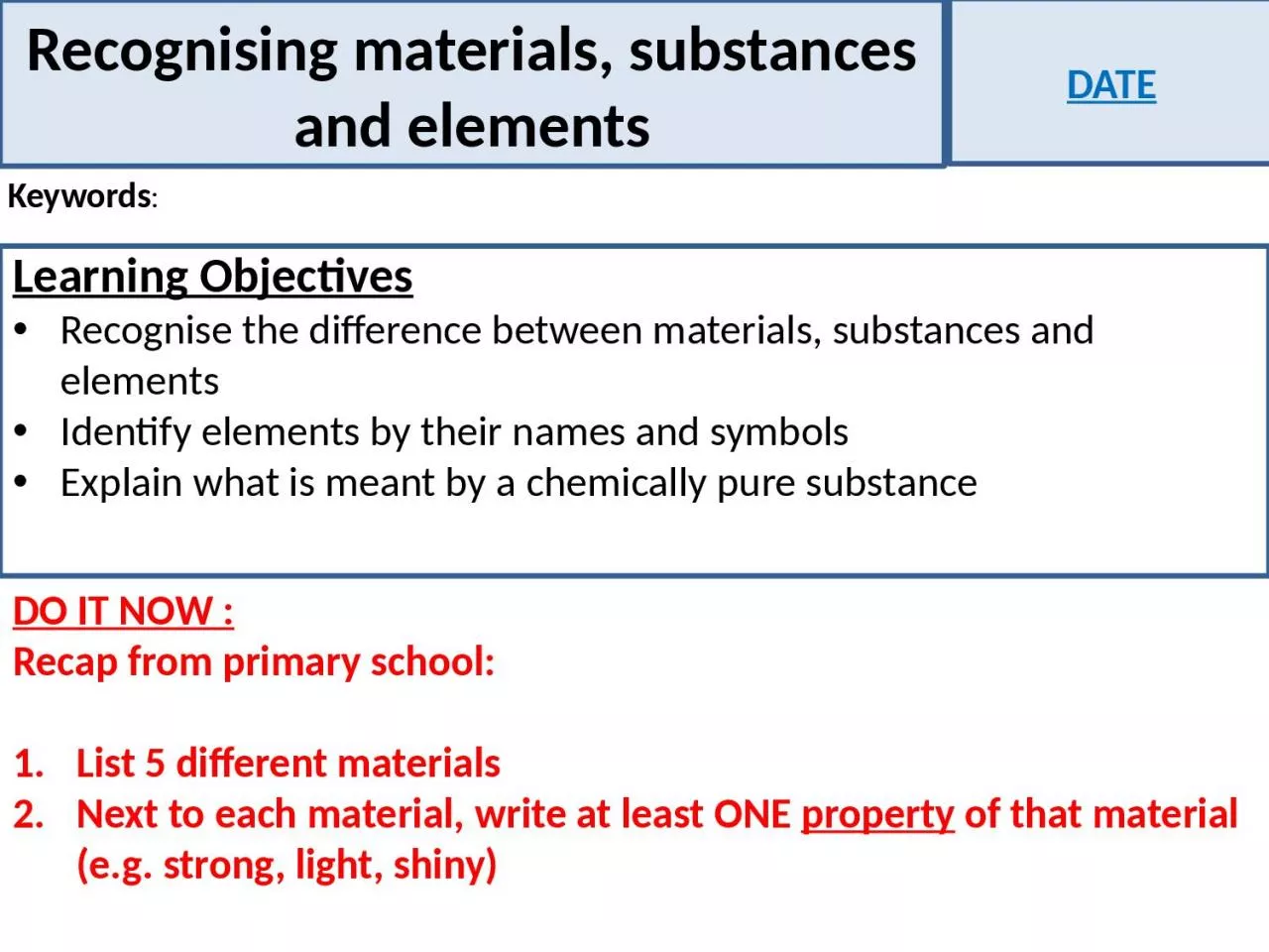 PPT-Recognising materials, substances and elements