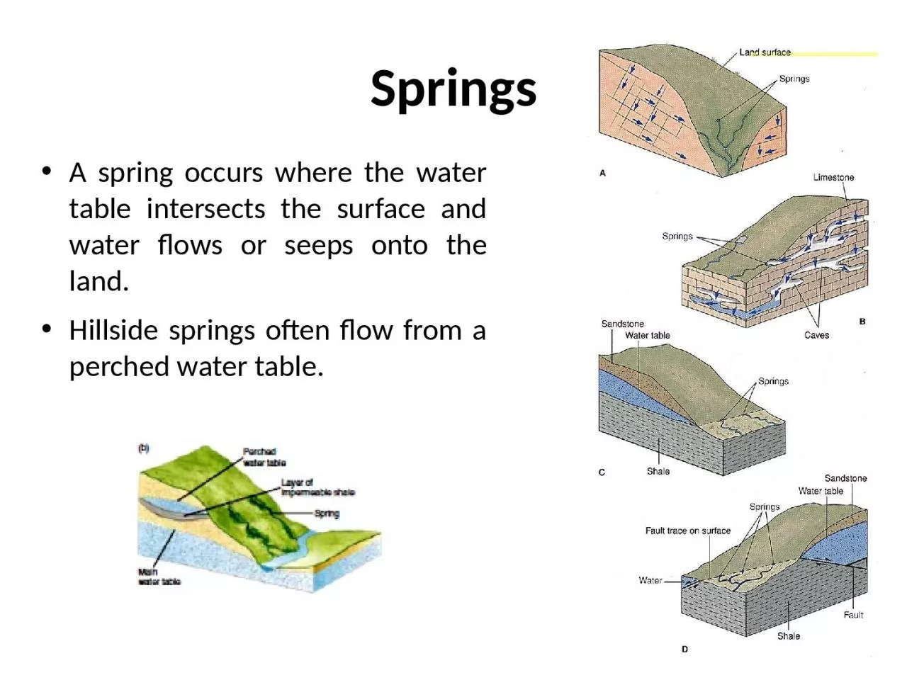 PPT-Springs A spring occurs where the water table intersects the surface and water flows or