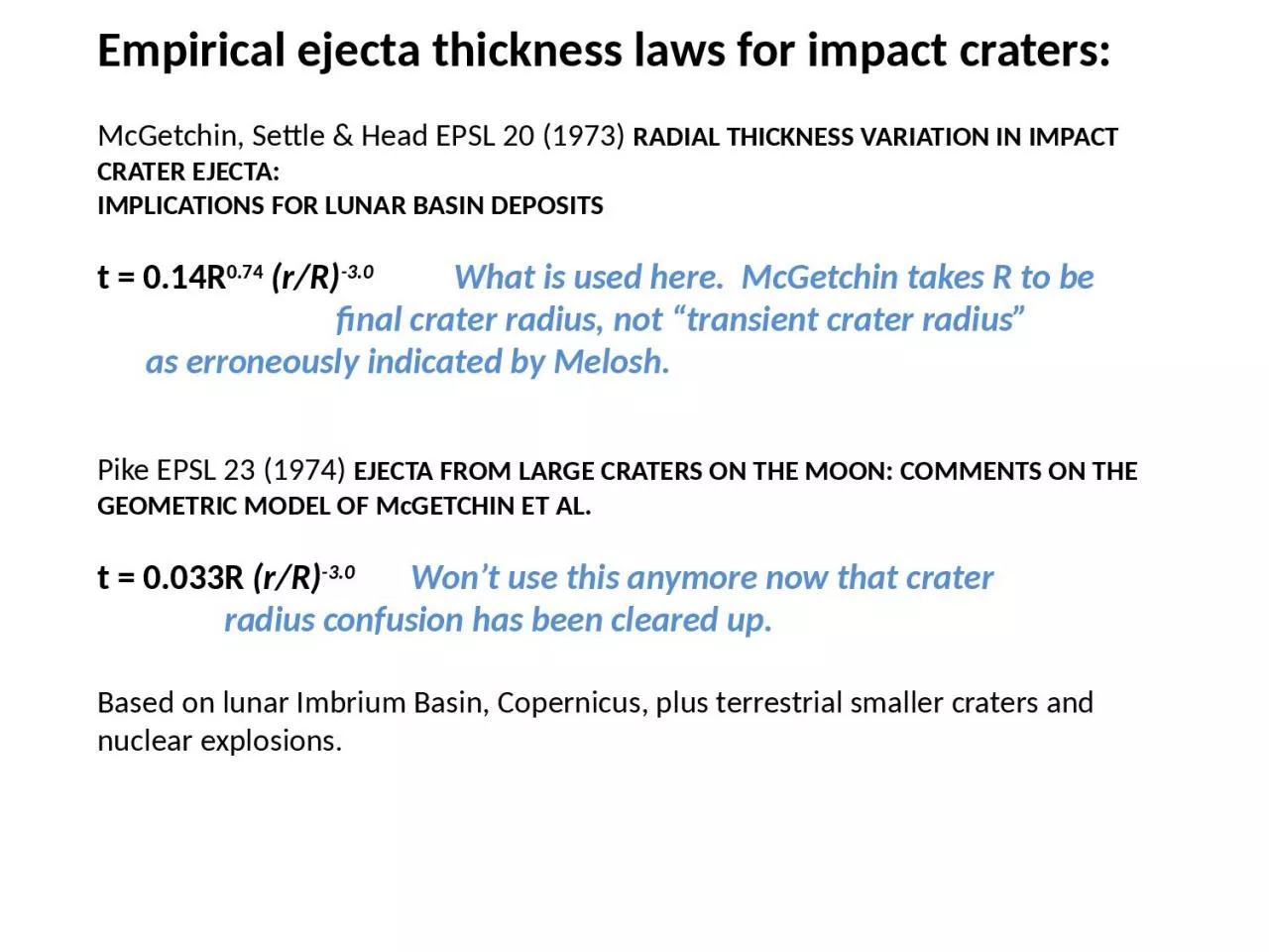 PPT-Empirical ejecta thickness laws for impact craters: