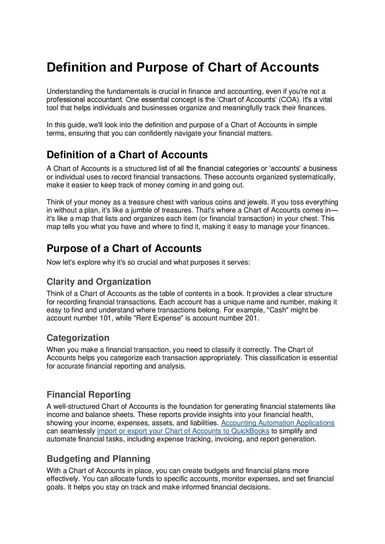 Definition and Purpose of Chart of Accounts