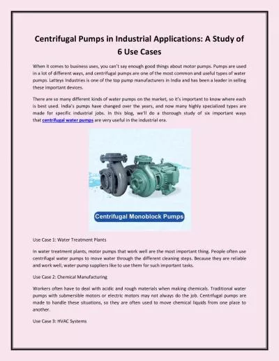 Centrifugal Pumps in Industrial Applications: A Study of 6 Use Cases